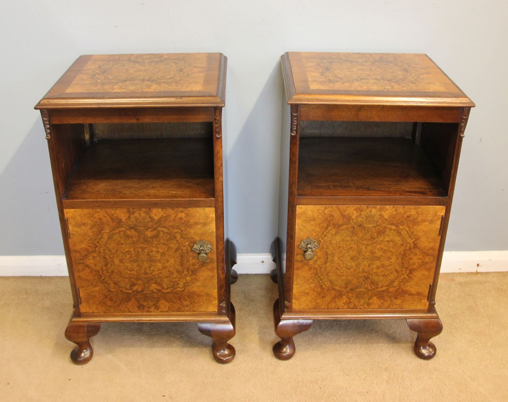 Pair Antique Burr Walnut Bedside Cabinets.
