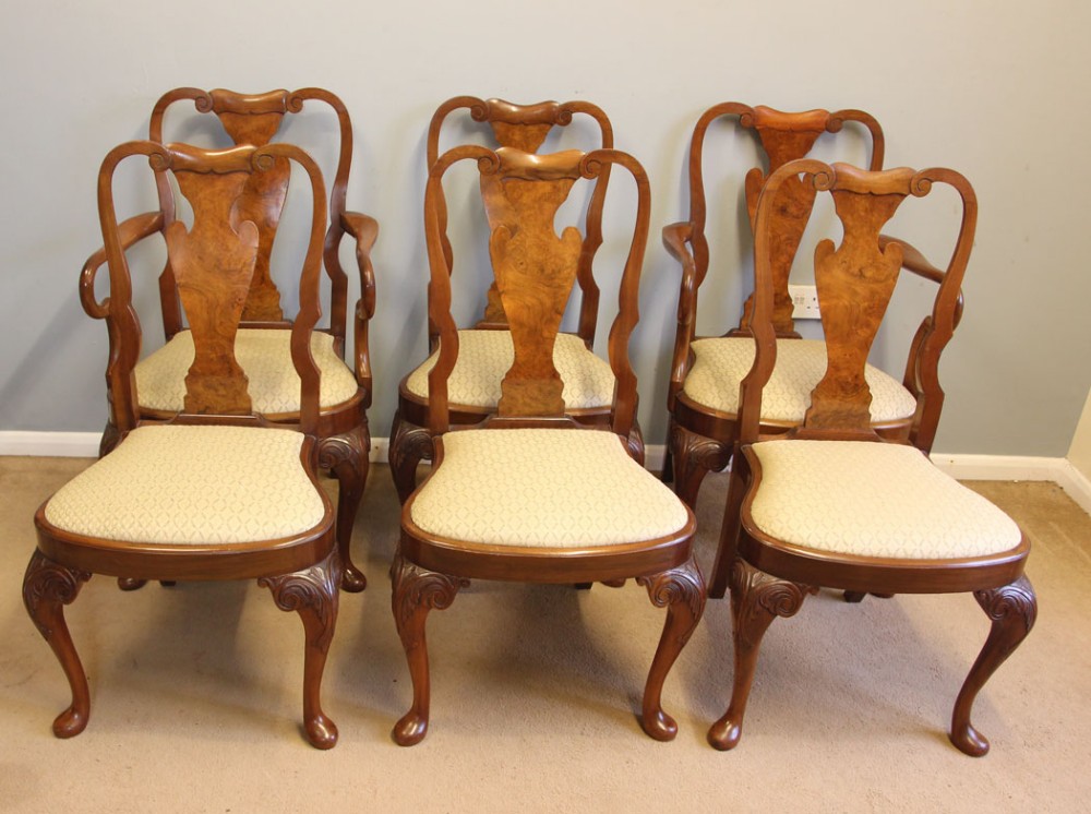 Antique Set Six Burr Walnut Queen Anne Style Dining Chairs