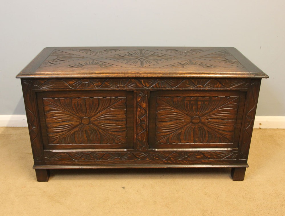 Carved Oak Antique Coffer Chest Blanket Box