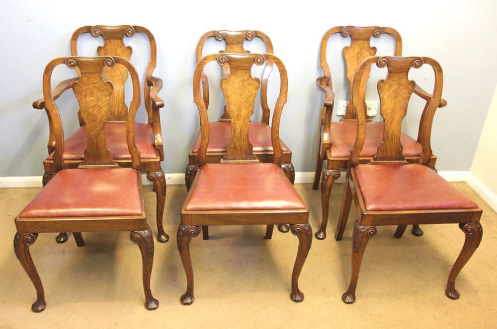 Set of Six Walnut Dining Chairs Queen Anne Style