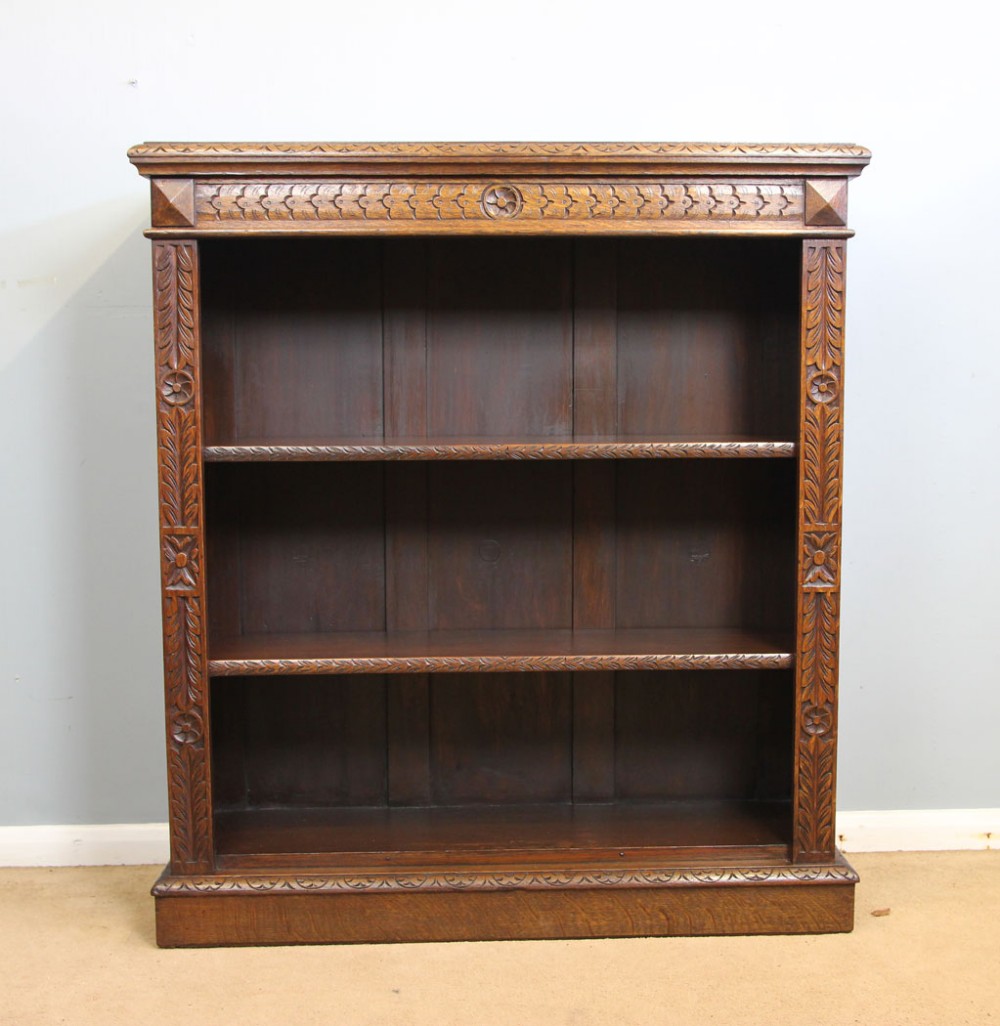 Antique Carved Oak Open Bookcase