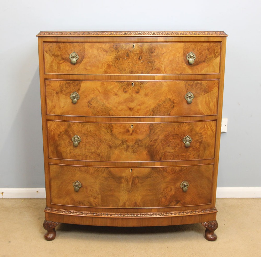Quality Antique Bow Front Burr Walnut Chest of Drawers