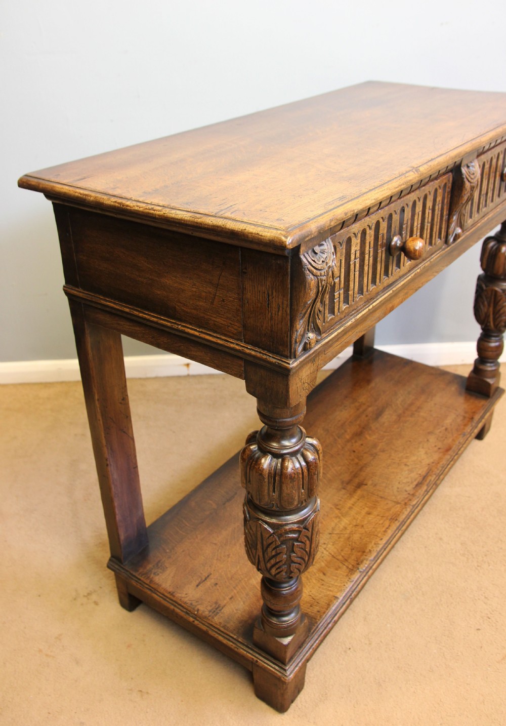Antique Oak Two Drawer Side Table View XI