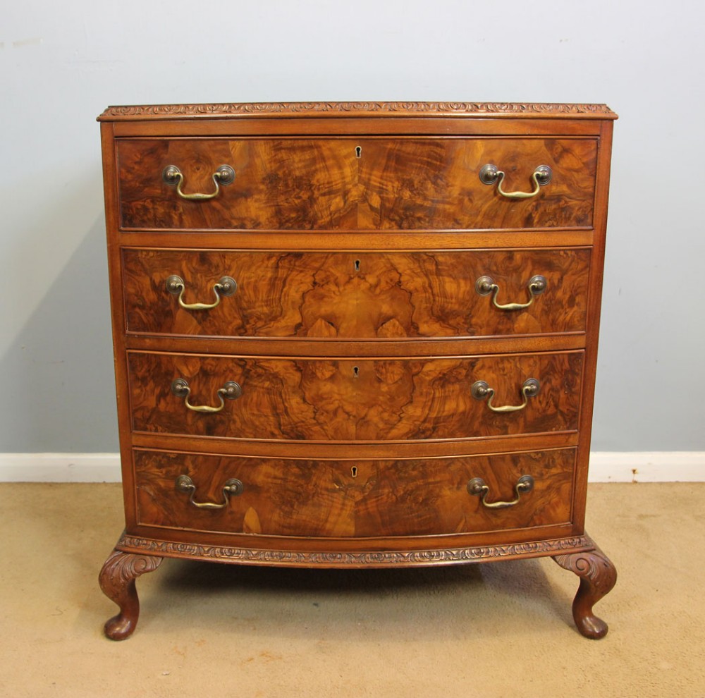 Burr Walnut Bow Front Antique Chest of Drawers