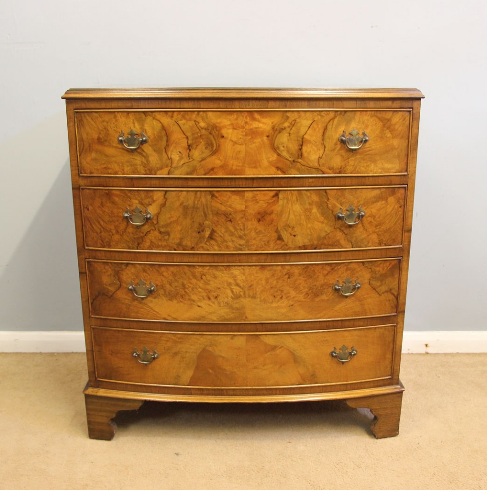 Antique Burr Walnut Bow Fronted Chest of Drawers