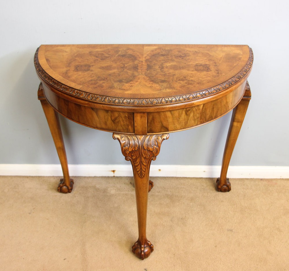 Antique Demi Lune Burr Walnut Side Card Table