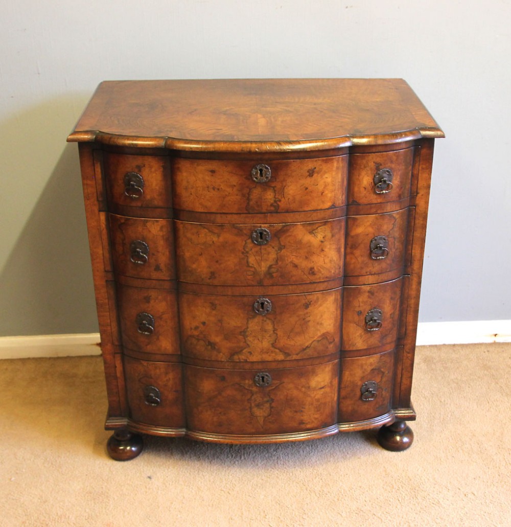 Antique Small Burr Walnut Bow Front Chest of Drawers