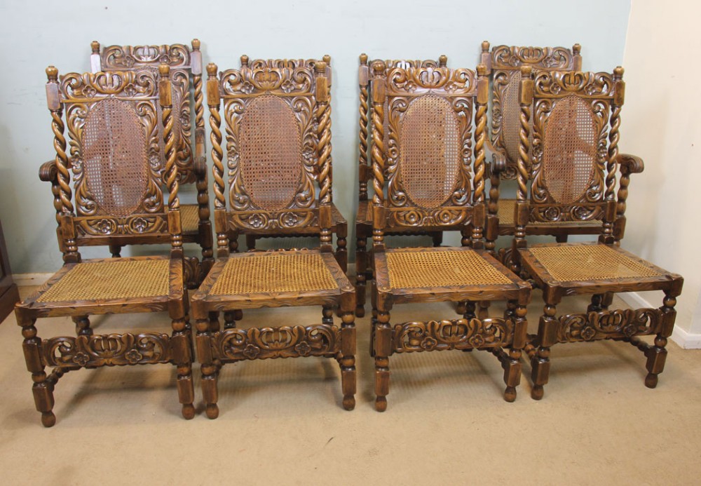 Antique Set of Eight Jacobean Style Walnut Dining Chairs