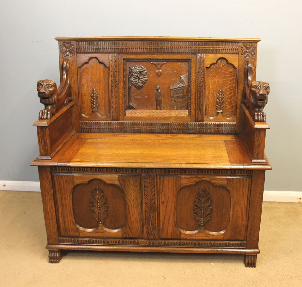 Antique Oak Monks Bench Hall Seat Settle