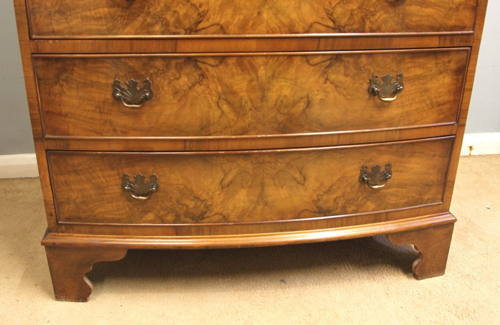 Antique Bow Front Burr Walnut Chest of Drawers View VII