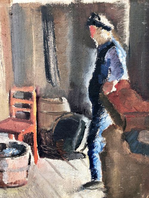SWEDISH FISHING HUT OIL PAINTING ON CANVAS 1940S - ADDITIONAL PHOTO 2