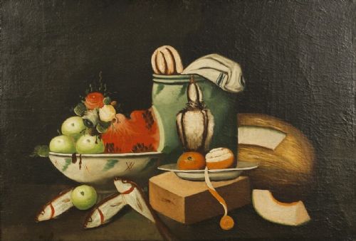 LARGE ANTIQUE SPANISH STILL LIFE OIL PAINTING FISH FRUIT BIRDS 19TH CENTURY - ADDITIONAL PHOTO 1