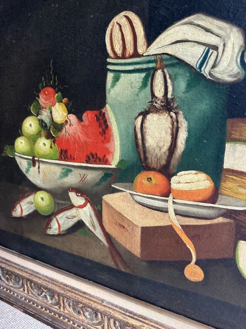 LARGE ANTIQUE SPANISH STILL LIFE OIL PAINTING FISH FRUIT BIRDS 19TH CENTURY - ADDITIONAL PHOTO 4
