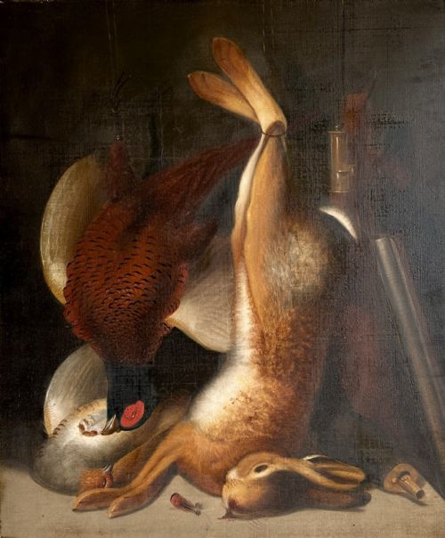 fig 1. A 19th-century game still life oil painting depicting a hung hare and pheasant inside an ornate gold gilt frame.