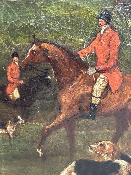 ANTIQUE ENGLISH FOX HUNTING SCENE OIL ON CANVAS CIRCA 1840 - ADDITIONAL PHOTO 2