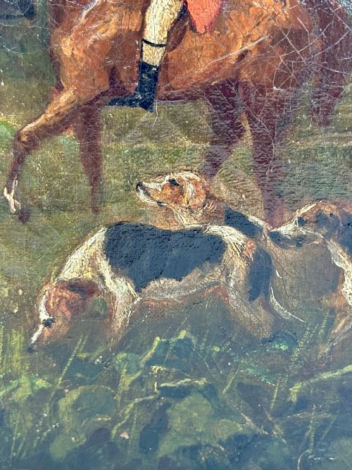 ANTIQUE ENGLISH FOX HUNTING SCENE OIL ON CANVAS CIRCA 1840 - ADDITIONAL PHOTO 6