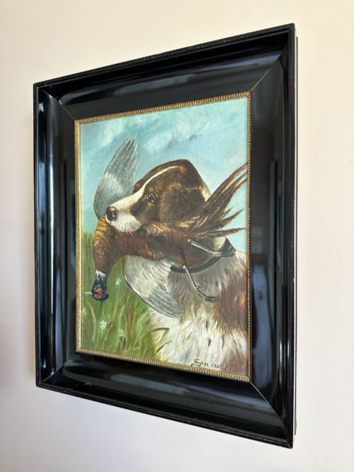 fig 1. Early 20th Century Sporting Oil Painting of a Gun Dog with Pheasant, Signed & Dated 1911