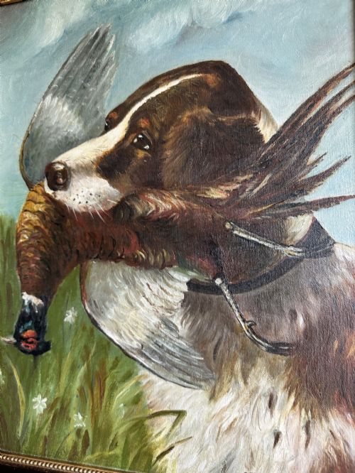 fig 2. Early 20th Century Sporting Oil Painting of a Gun Dog with Pheasant, Signed & Dated 1911