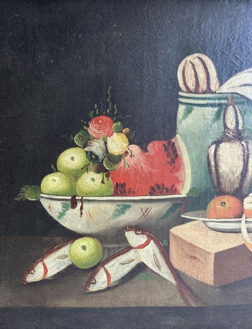 LARGE ANTIQUE SPANISH STILL LIFE OIL PAINTING FISH FRUIT GAME BIRDS 19TH CENTURY - ADDITIONAL PHOTO 2