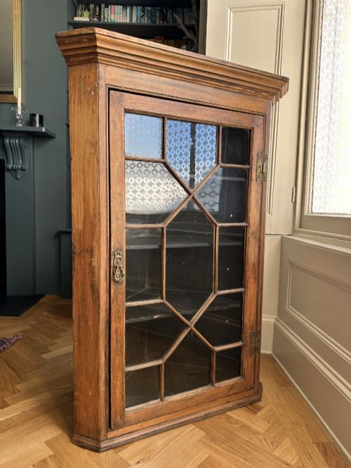 ANTIQUE STRIPPED PINE CORNER CABINET WITH GLAZED DOOR ORIGINAL PAINTED INTERIOR