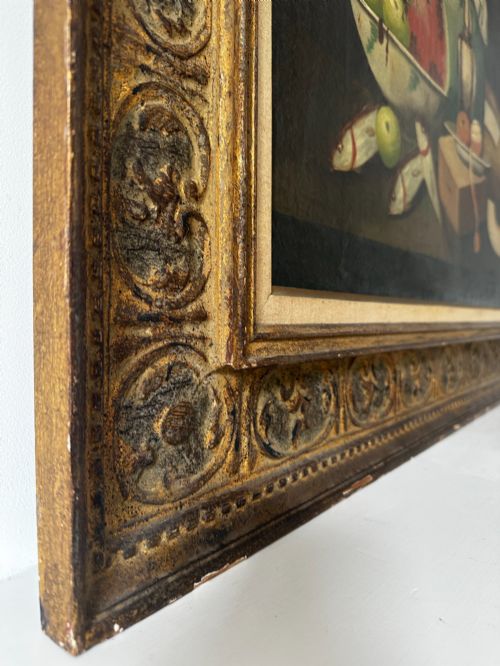 LARGE ANTIQUE SPANISH STILL LIFE OIL PAINTING FISH FRUIT GAME BIRDS 19TH CENTURY - ADDITIONAL PHOTO 7