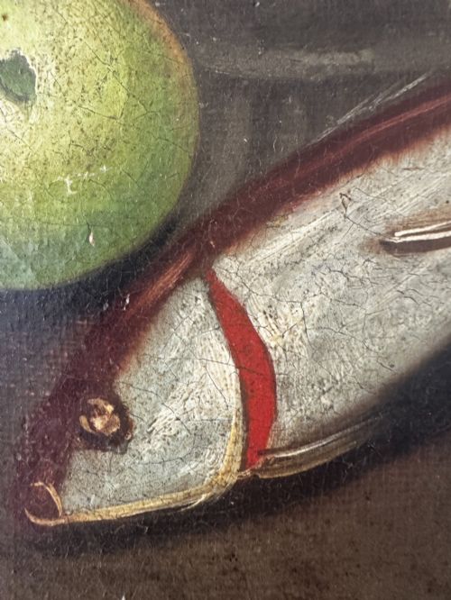 LARGE ANTIQUE SPANISH STILL LIFE OIL PAINTING FISH FRUIT GAME BIRDS 19TH CENTURY - ADDITIONAL PHOTO 8