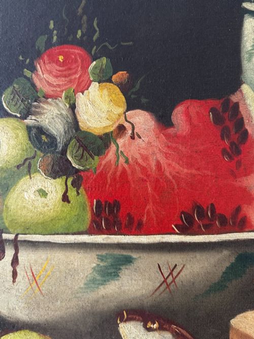 LARGE ANTIQUE SPANISH STILL LIFE OIL PAINTING FISH FRUIT GAME BIRDS 19TH CENTURY - ADDITIONAL PHOTO 10