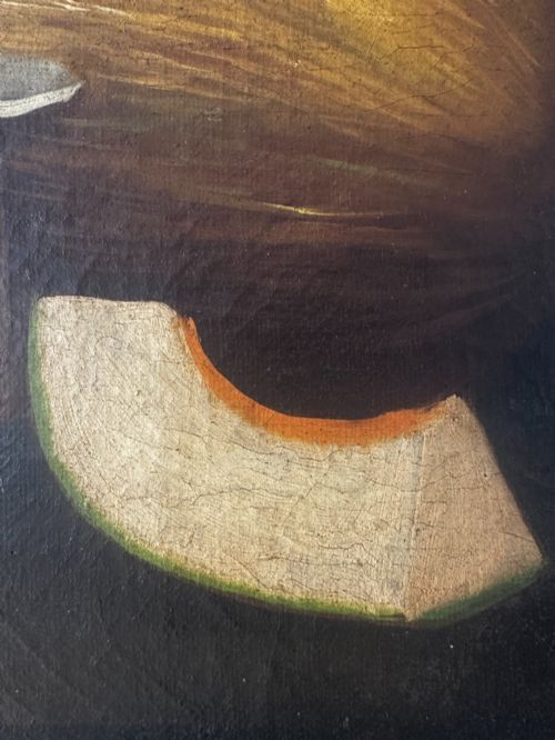 LARGE ANTIQUE SPANISH STILL LIFE OIL PAINTING FISH FRUIT GAME BIRDS 19TH CENTURY - ADDITIONAL PHOTO 11
