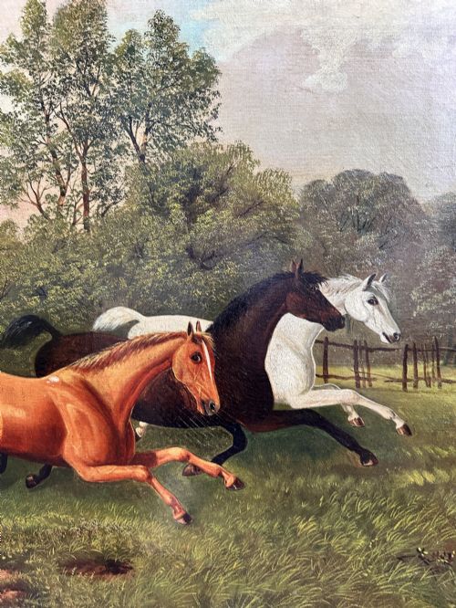 EDWARD PRIESTLEY 18201880 OIL ON CANVAS HORSES RUNNING IN A LANDSCAPE WITH STEAM LOCOMOTIVE - ADDITIONAL PHOTO 3