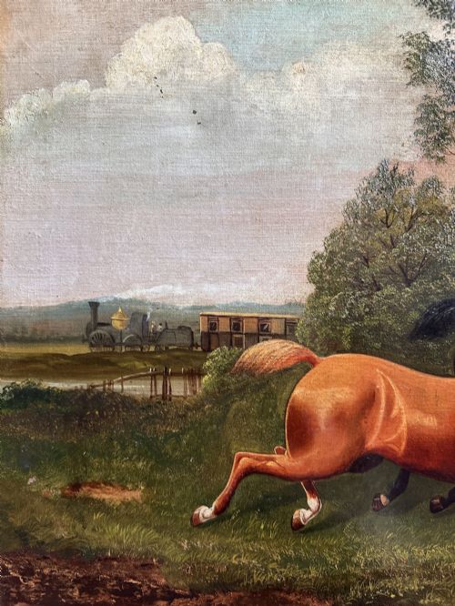 EDWARD PRIESTLEY 18201880 OIL ON CANVAS HORSES RUNNING IN A LANDSCAPE WITH STEAM LOCOMOTIVE - ADDITIONAL PHOTO 5