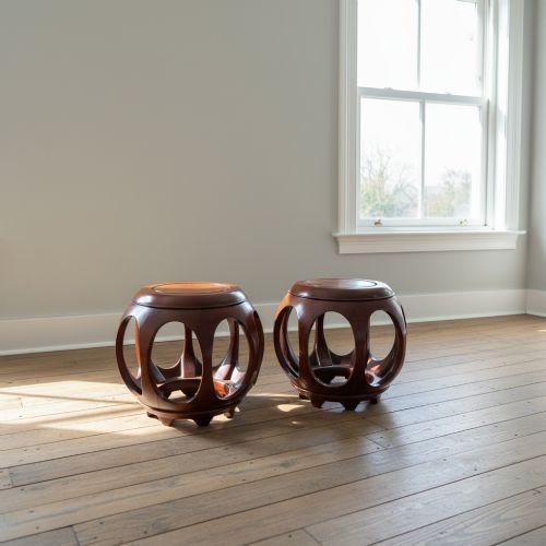 Fine Pair of Chinese Hardwood & Burr Wood Barrel Stools