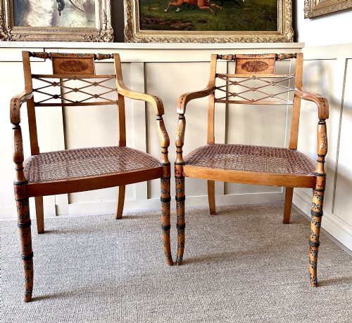 Fine Pair of Edwardian Sheraton Revival Painted Elbow Chairs, C.1900