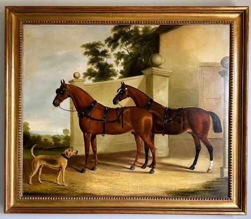 Large 19th Century Sporting Oil Painting – Carriage Horses & Hound – with Iona Antiques Provenance