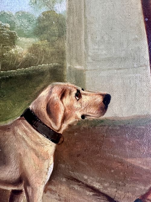 fig 3. A 19th-century oil painting depicting two brown carriage horses in harness standing beside a hound, set within a beaded gilt frame.
