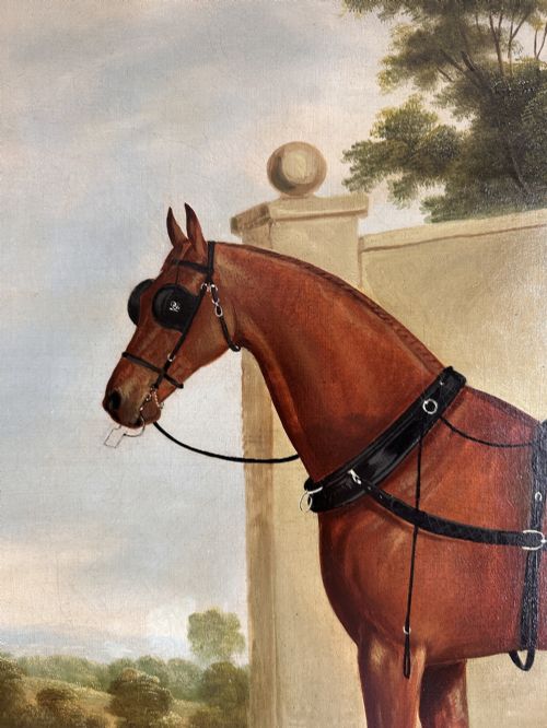 fig 4. A 19th-century oil painting depicting two brown carriage horses in harness standing beside a hound, set within a beaded gilt frame.