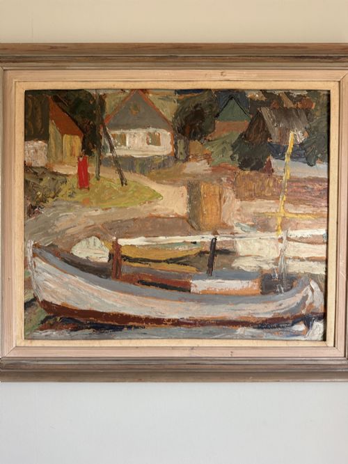 fig 1. A framed mid-century oil painting depicting a harbour scene with grounded fishing boats and small coastal village houses rendered in textured impasto strokes and muted earth tones.