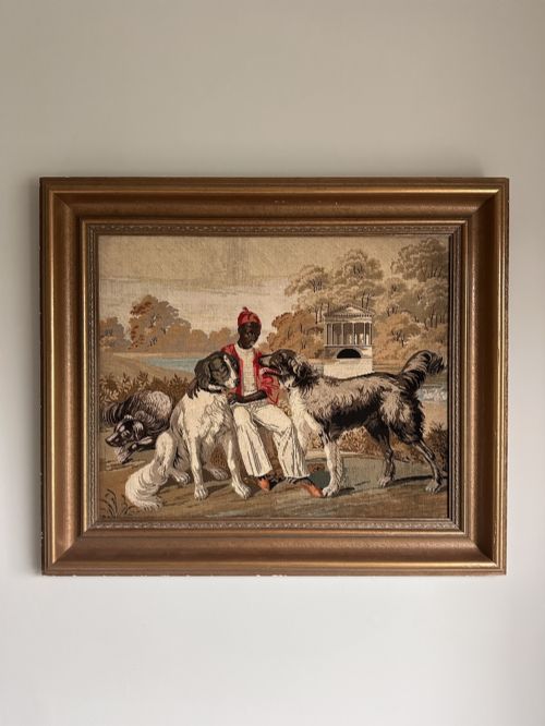 Large Victorian Berlin Woolwork Tapestry "A Boy with Lord Byron's Dogs" C.1850