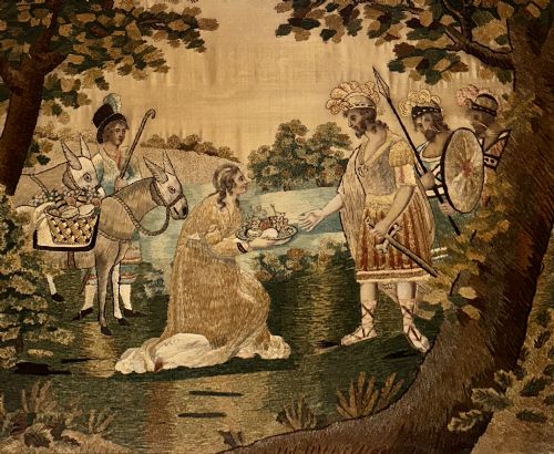 fig 1. A framed Regency silk and chenille embroidery picture depicting the biblical narrative of Abigail before King David within a moulded gilt frame.