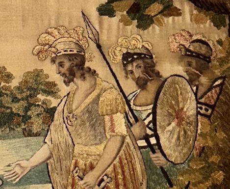 fig 3. A framed Regency silk and chenille embroidery picture depicting the biblical narrative of Abigail before King David within a moulded gilt frame.