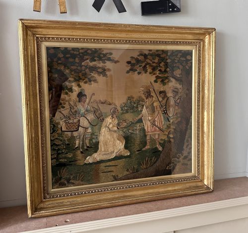 fig 1. A framed Regency silk and chenille embroidery picture depicting the biblical narrative of Abigail before King David within a moulded gilt frame.