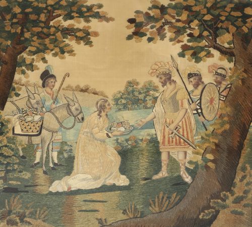 fig 3. A framed Regency silk and chenille embroidery picture depicting the biblical narrative of Abigail before King David within a moulded gilt frame.