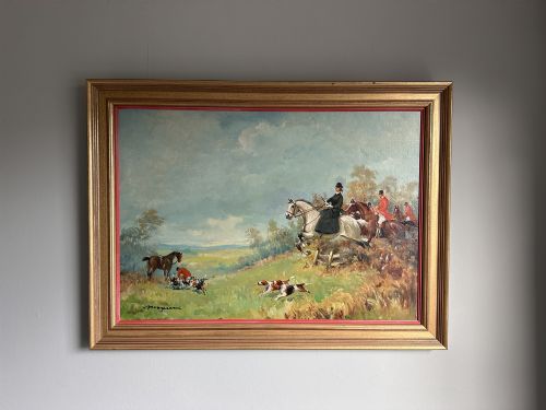 Mid-Century British School Fox Hunting Oil Painting with Side-Saddle Rider – 80 X 60cm