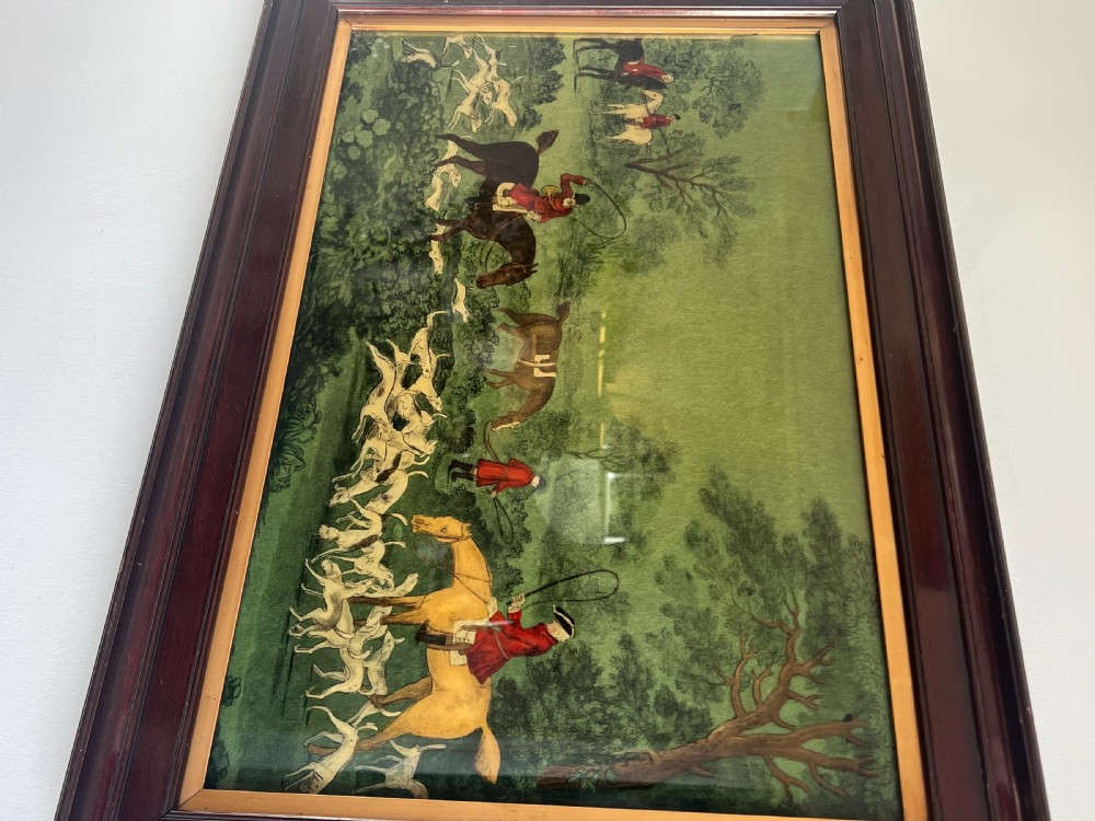 Antique Reverse Glass Naive Painting - Hunting Scene View II