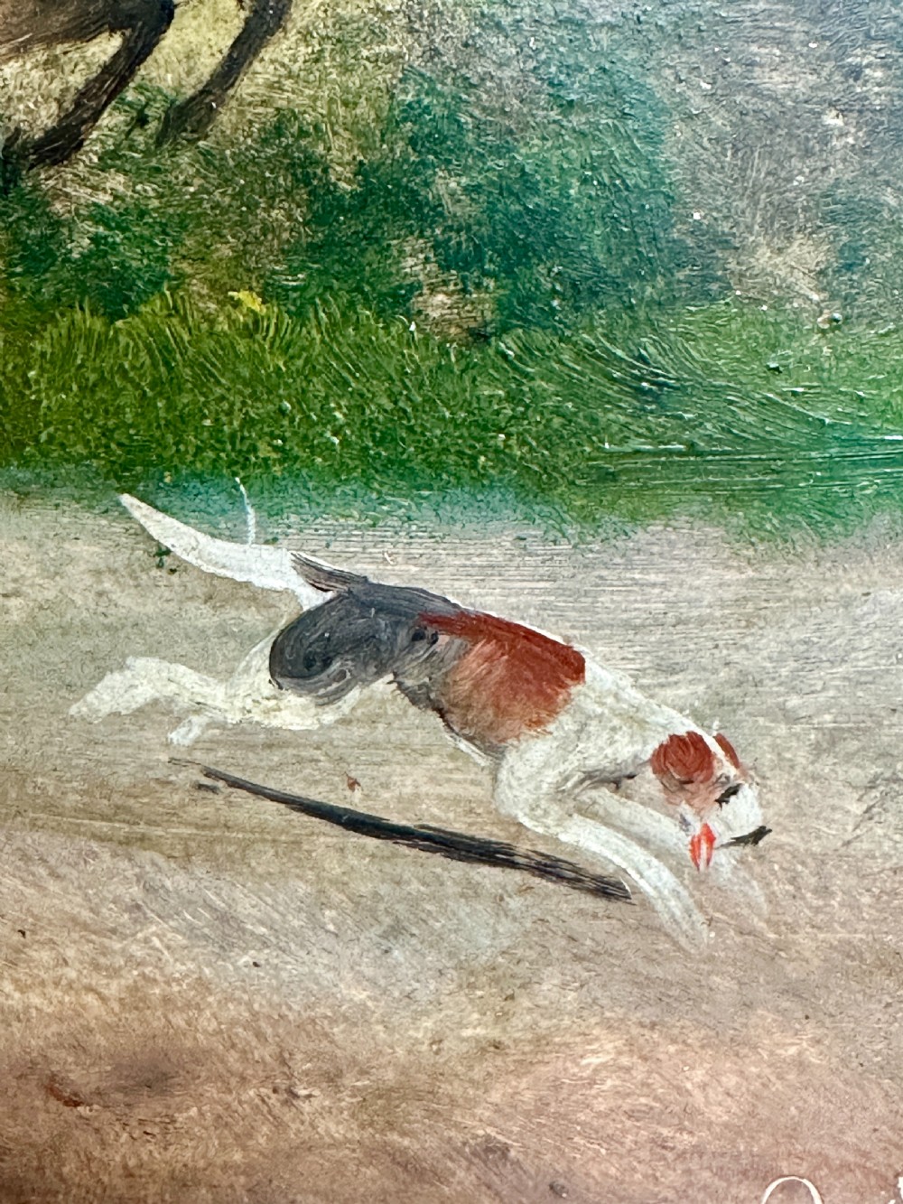 A pair of framed Edwardian oil paintings depicting horse-drawn coaches and fox hunting scenes within carved giltwood frames. View X