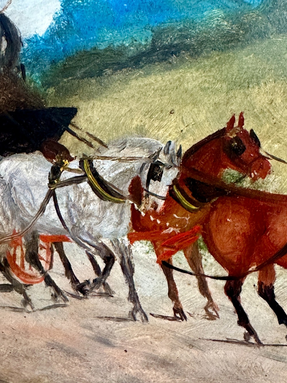 A pair of framed Edwardian oil paintings depicting horse-drawn coaches and fox hunting scenes within carved giltwood frames. View XIII