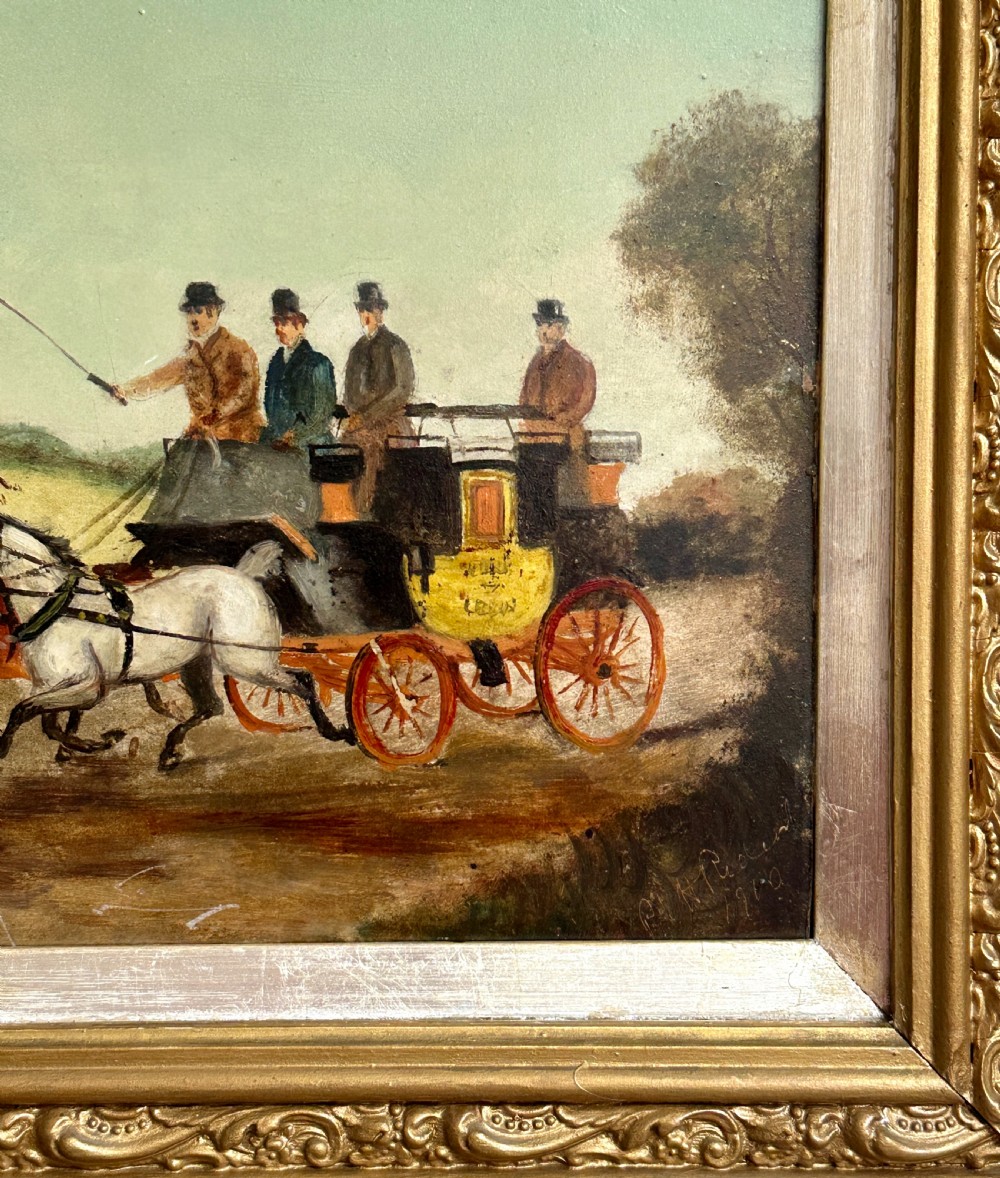 A pair of framed Edwardian oil paintings depicting horse-drawn coaches and fox hunting scenes within carved giltwood frames. View XVI