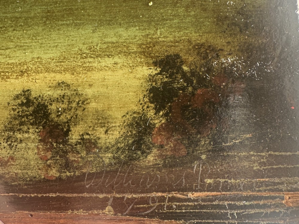 An 18th-century oil painting on a pine panel depicting a brown horse profile in a landscape, set within a dark wooden frame. View V