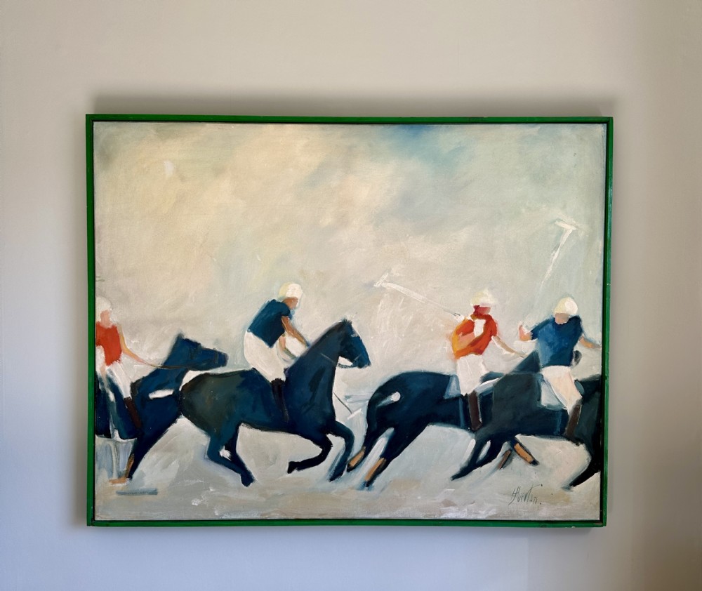 Large Vintage Polo Painting – Oil on Canvas – Framed 119 × 94 cm