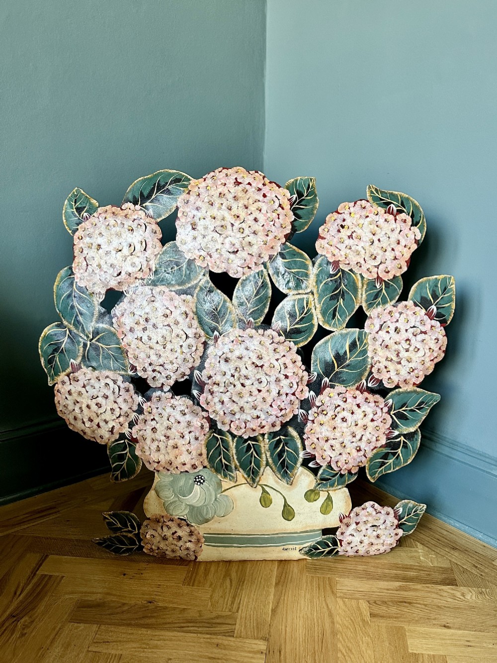 Large Antique French Toleware Hydrangea Firescreen Dummy Board, circa 1920s