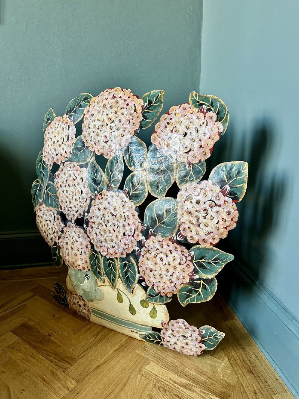 Large Antique French Toleware Hydrangea Firescreen Dummy Board, circa 1920s View II